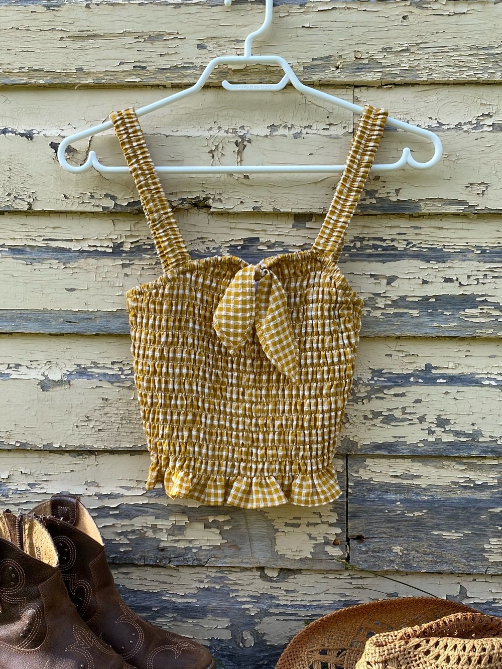 Gingham Smocked Tie-Front Camisole - Mustard
